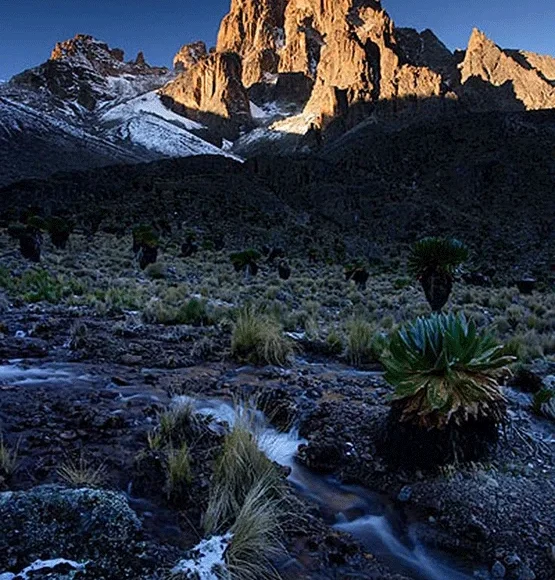Mount Kenya landscape with snow-capped peaks and alpine moorlands